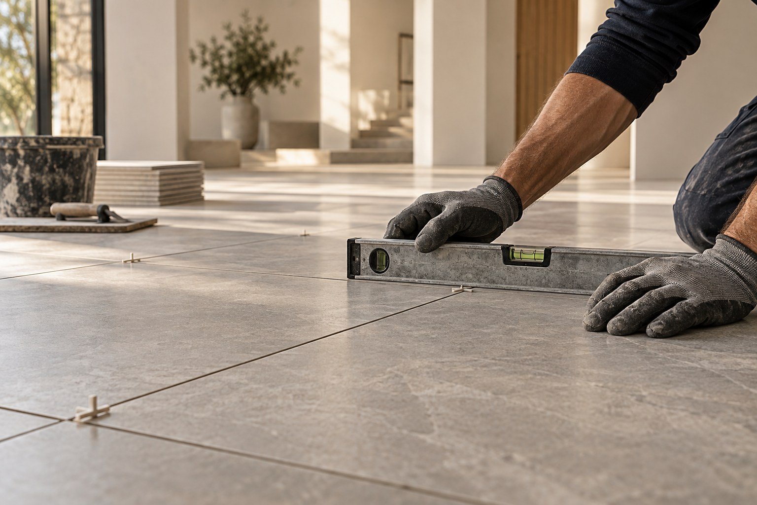 Illustrative close-up of gloved hands checking the alignment of porcelain floor tiles