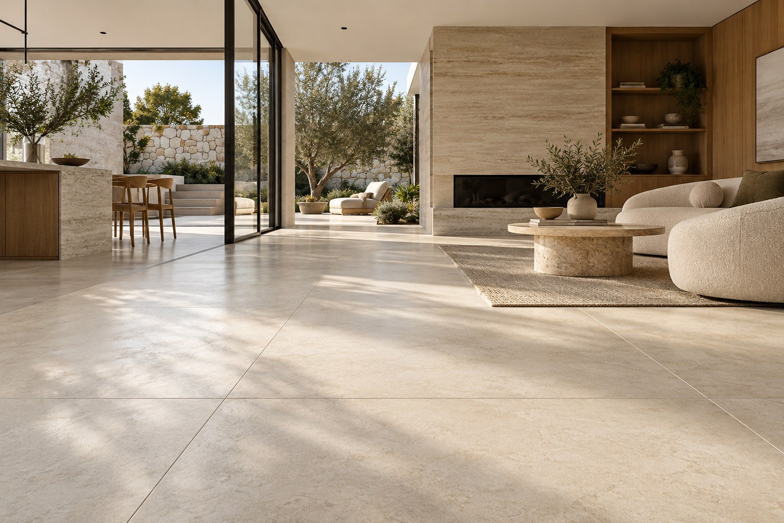 Warm contemporary interior with carefully aligned ivory tile flooring