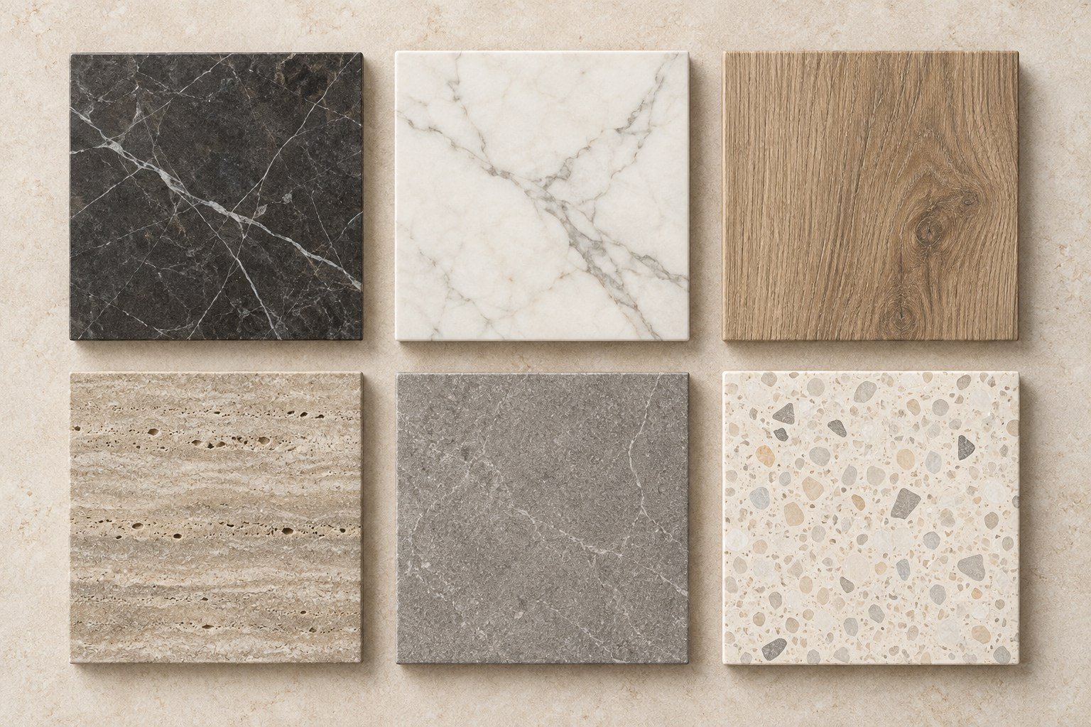Six tile finishes: charcoal marble, white marble, oak-look porcelain, taupe stone, grey stone and ivory terrazzo