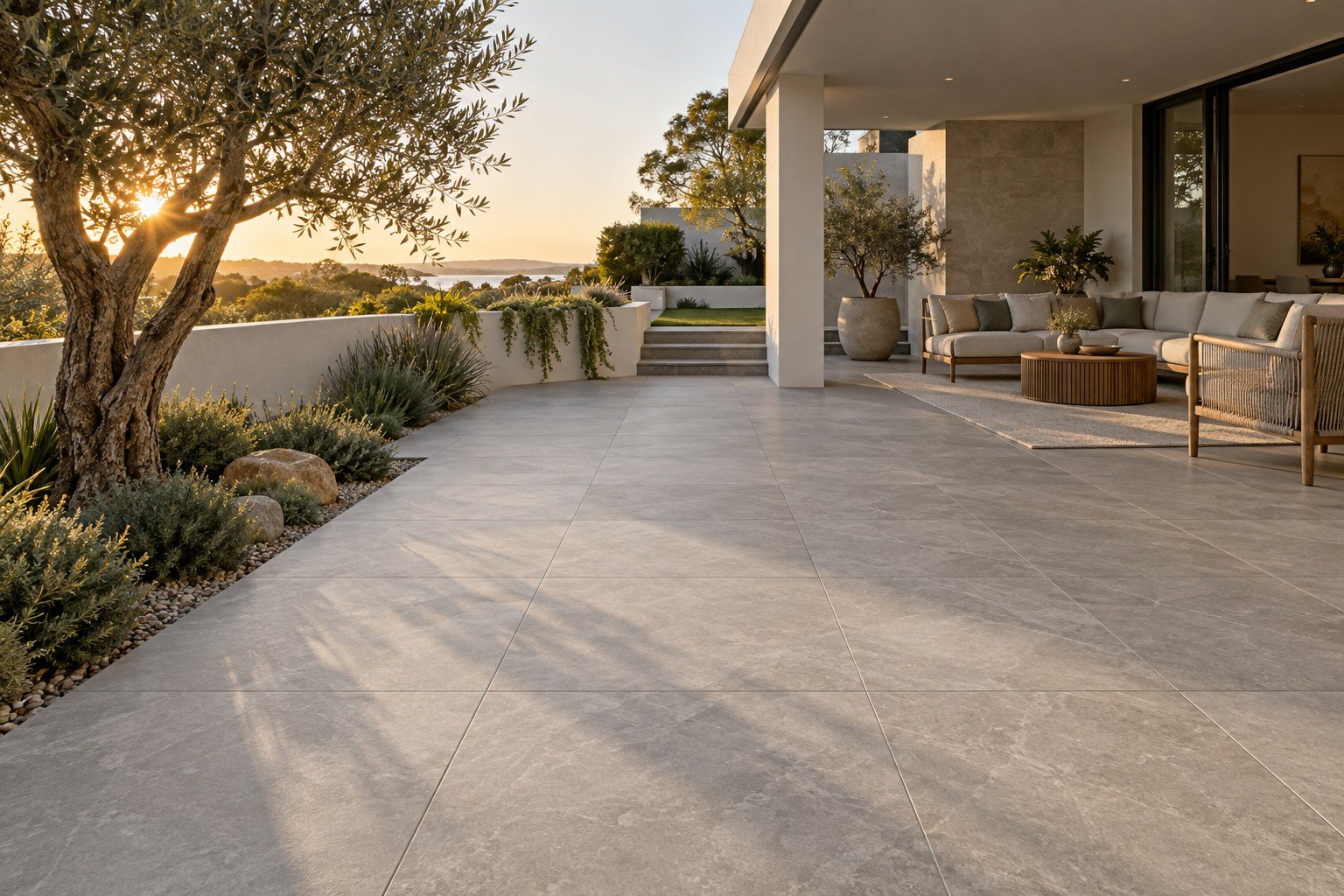 Porcelain-tiled courtyard with olive tree and contemporary outdoor seating