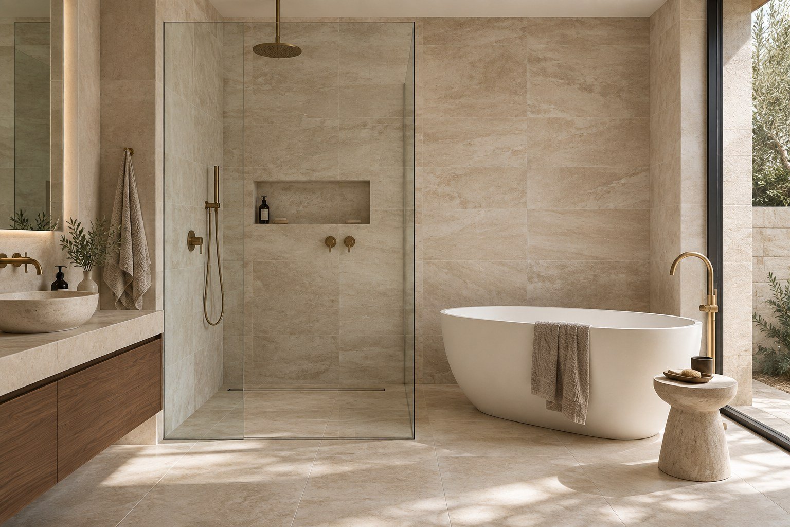 Travertine-look spa bathroom with a freestanding bath and glazed shower