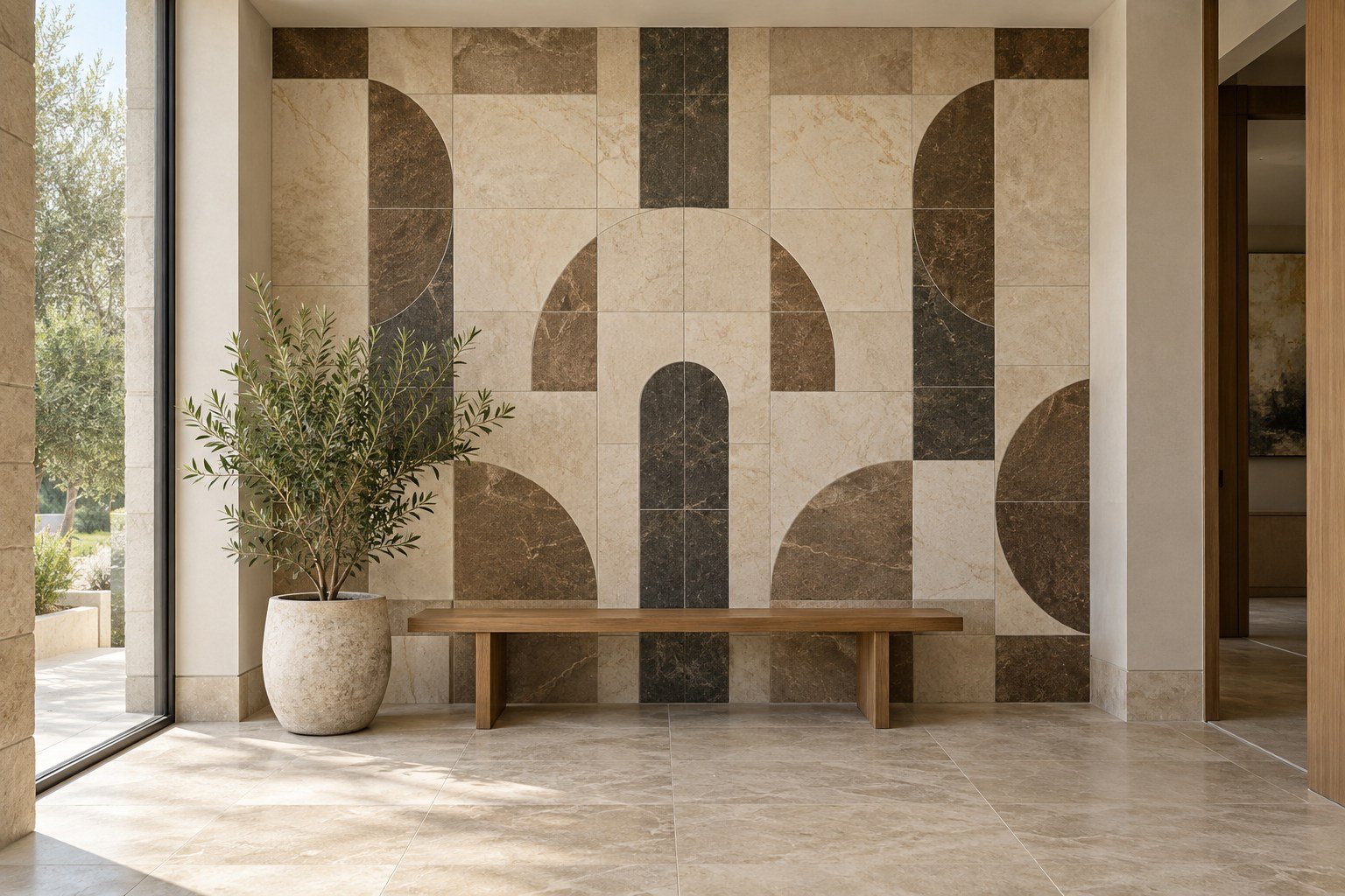 Custom geometric tiled feature wall in an elegant entrance