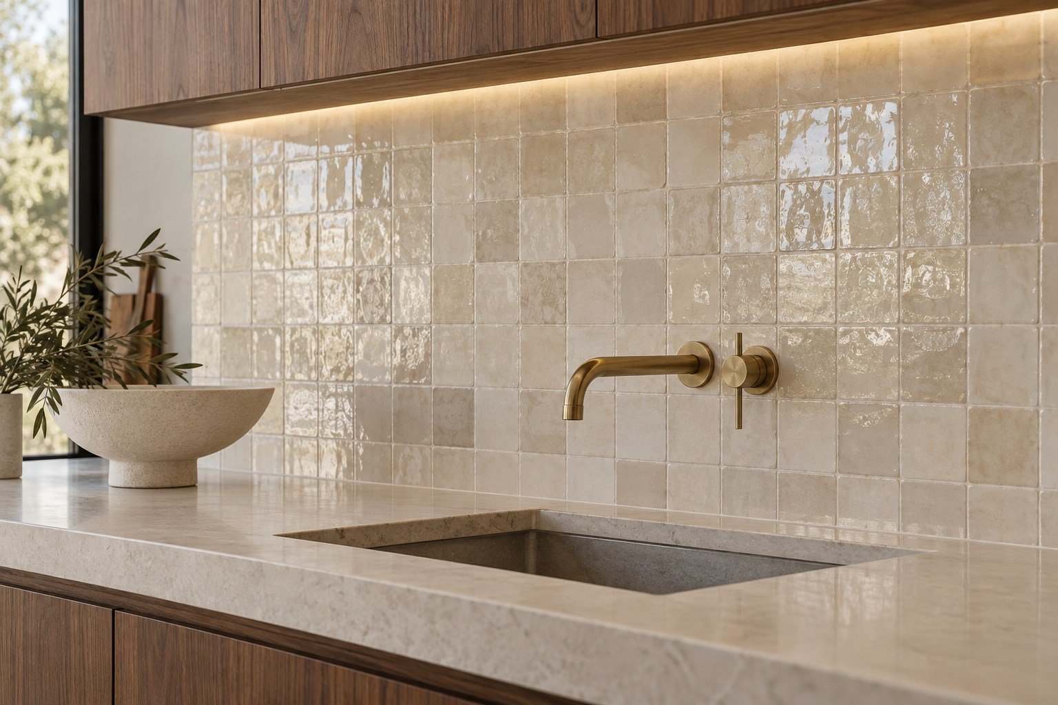 Handmade ivory tile splashback with brass tap and walnut cabinetry