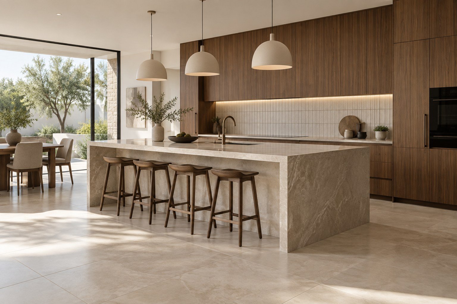 Warm walnut kitchen with stone island and precision-laid porcelain floor tiles