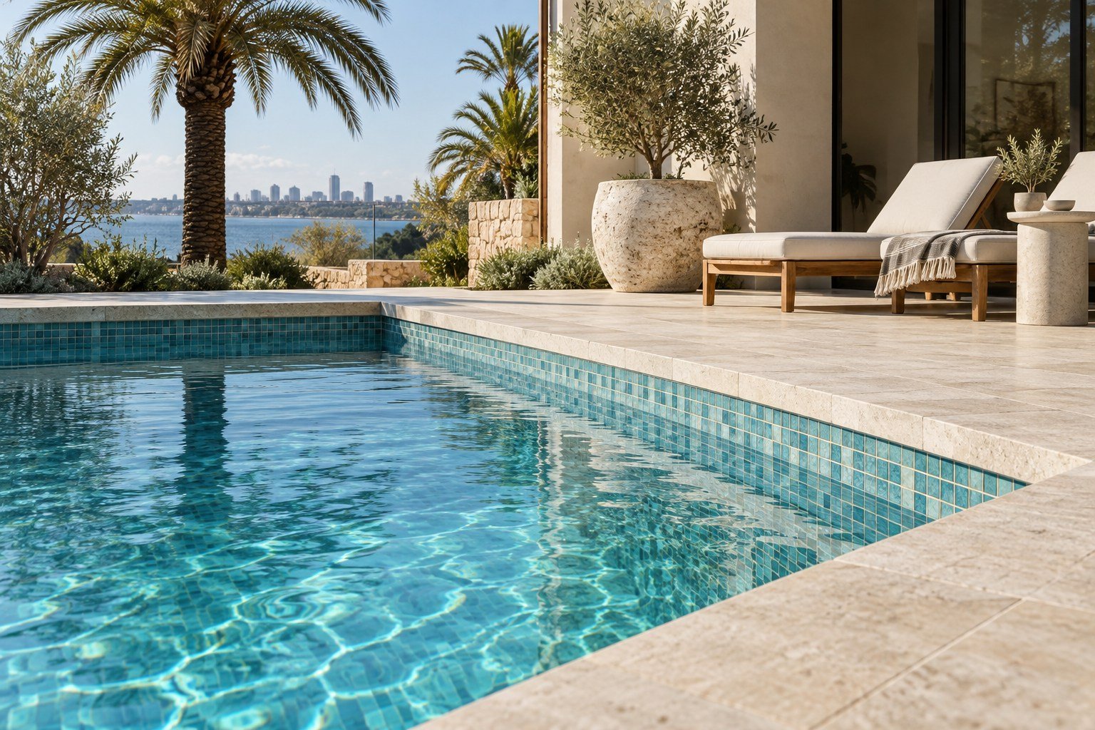 Turquoise mosaic swimming pool with pale stone coping