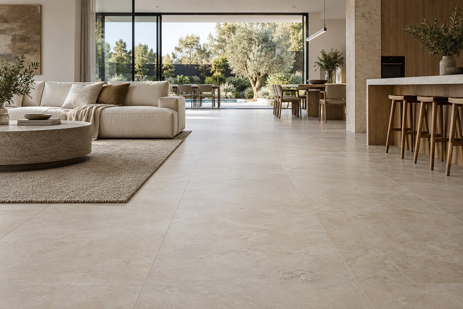 Renovated living room with large-format ivory tiled floors