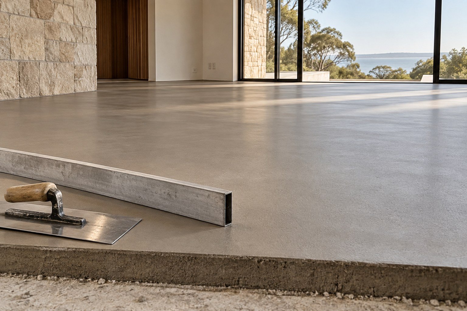 Freshly levelled cement screed with professional finishing tools