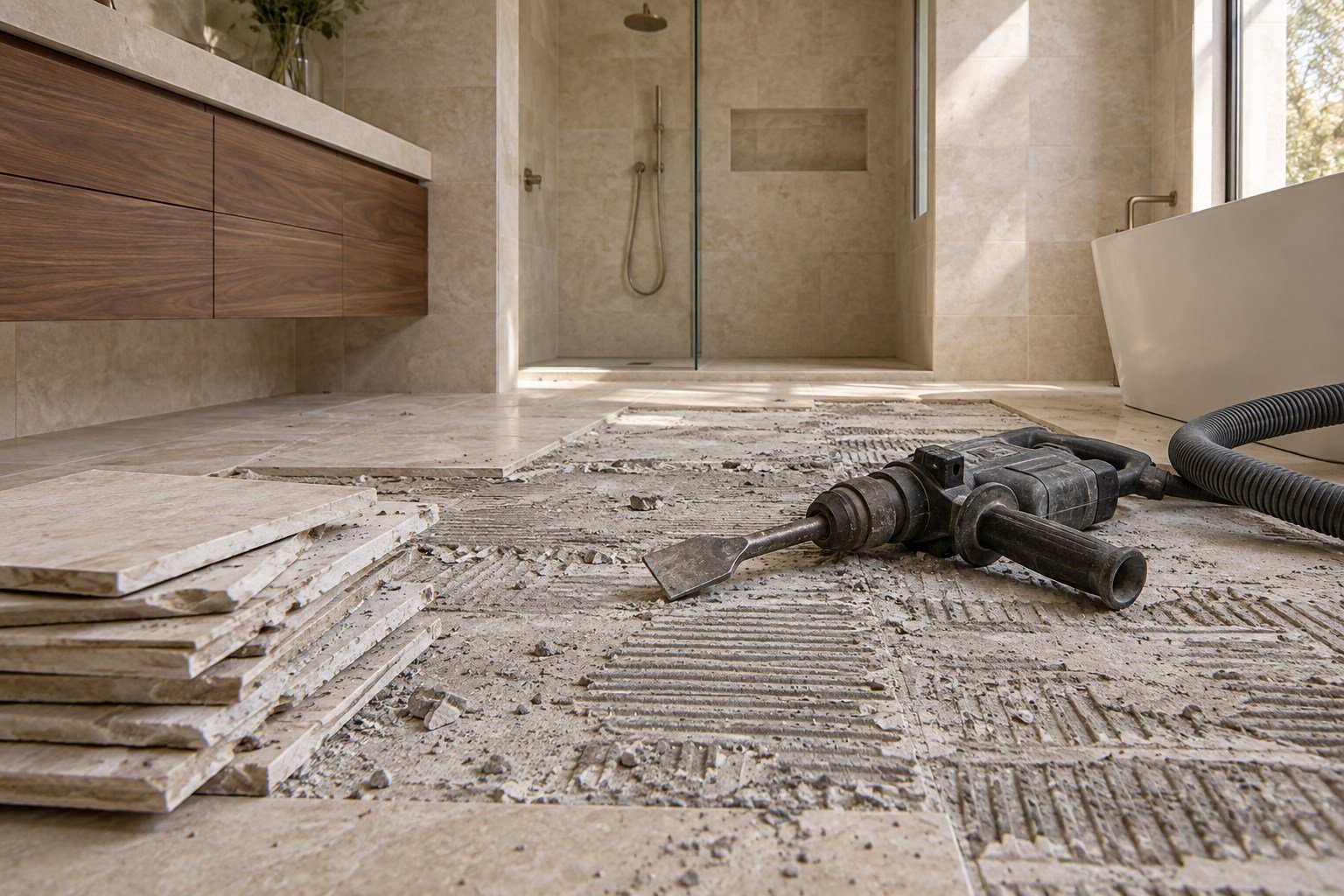 Organised tile removal area with exposed adhesive and preparation tools