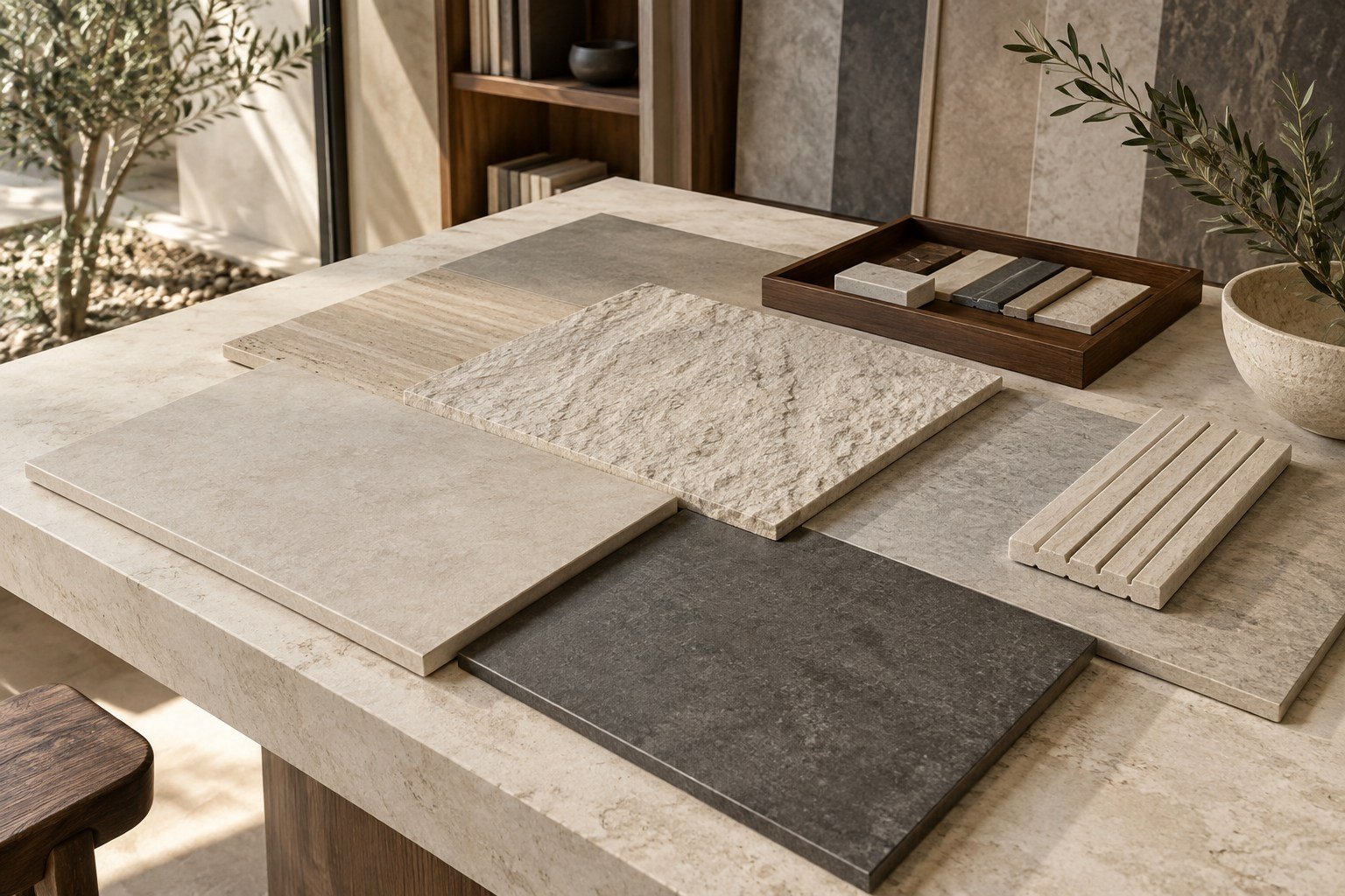 Curated warm stone and charcoal tile samples