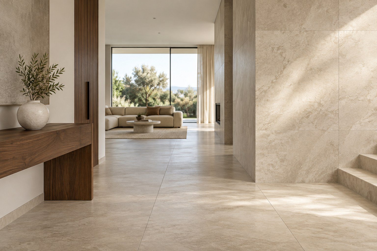 Contemporary hallway with matching stone-look wall and floor tiles